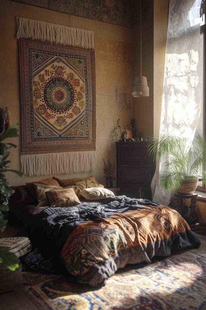 A serene bedroom with natural light streaming in through tall arched windows. The walls are textured, adding depth to the space, and a large woven tapestry hangs above the bed, complementing the neutral-toned bedding. The room is decorated with pampas grass and soft linens, creating a calm, bohemian-inspired retreat.