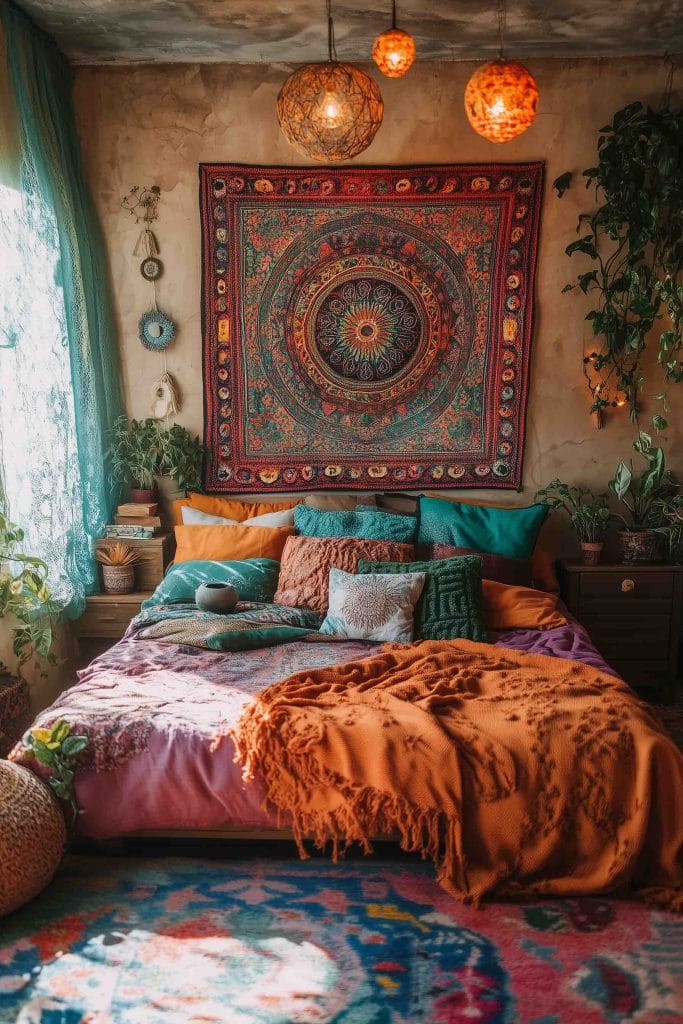 A colorful, eclectic bedroom showcasing a vibrant circular tapestry above a bed filled with colorful pillows and blankets. Hanging boho-style lanterns and lush plants add warmth and character, creating a cozy and artistic space.