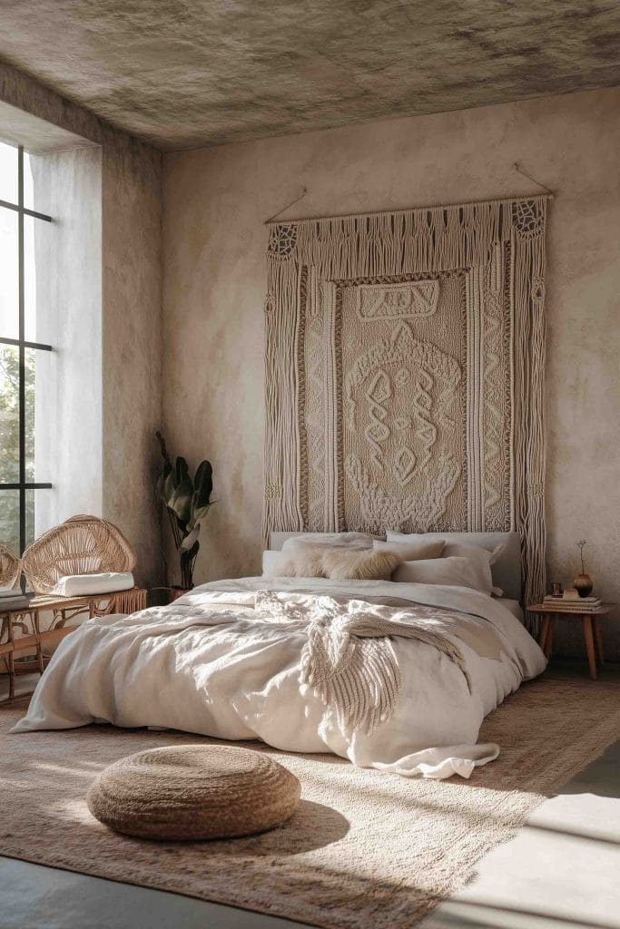 A minimalist boho bedroom with neutral tones and textures. A large woven wall hanging is displayed above a bed dressed in soft white linens and cream-colored throws. The room features rattan chairs, a simple side table, and natural elements like plants, creating a serene, airy atmosphere with sunlight streaming through large windows.