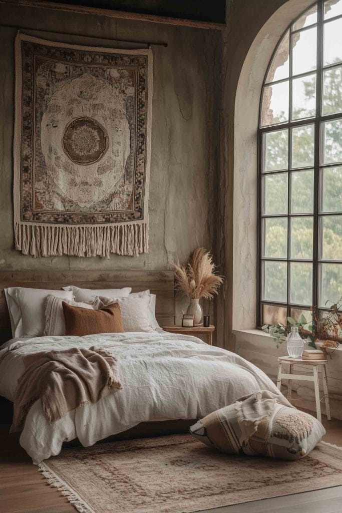 A cozy, rustic bedroom featuring textured walls and a large, intricate woven tapestry above the bed. The bed is styled with soft, neutral bedding and earthy-toned pillows. Natural light filters in through a large window, casting a warm glow on the space, which also includes a rustic wooden bedside table and natural accents like dried flowers.