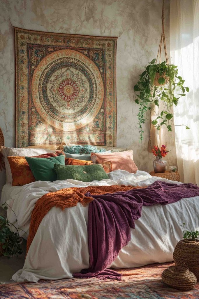 A vibrant, bohemian-style bedroom with a colorful, circular tapestry hanging on the wall above the bed. The bed is layered with bright pillows and throws in shades of orange, green, and purple. The room is filled with natural light from a nearby window, and hanging plants add a lush, organic feel to the cozy, textured space.