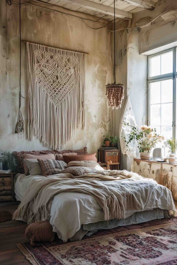 A cozy bedroom featuring an oversized macramé wall hanging on a rustic textured wall. The room includes a bed with neutral, soft linen bedding, complemented by plush pillows and throws, creating a serene atmosphere. Soft natural light filters through a large window, enhancing the earthy tones and organic elements in the room, including potted plants and subtle decor