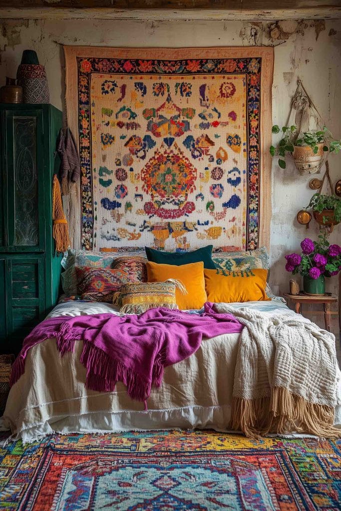 A cozy bedroom with a tapestry hung above the bed, featuring a colorful abstract design. The room has rich textures with a vibrant mix of mustard, teal, and magenta pillows. The walls are worn and weathered, adding a rustic feel. A green cabinet and potted plants complete the bohemian aesthetic.