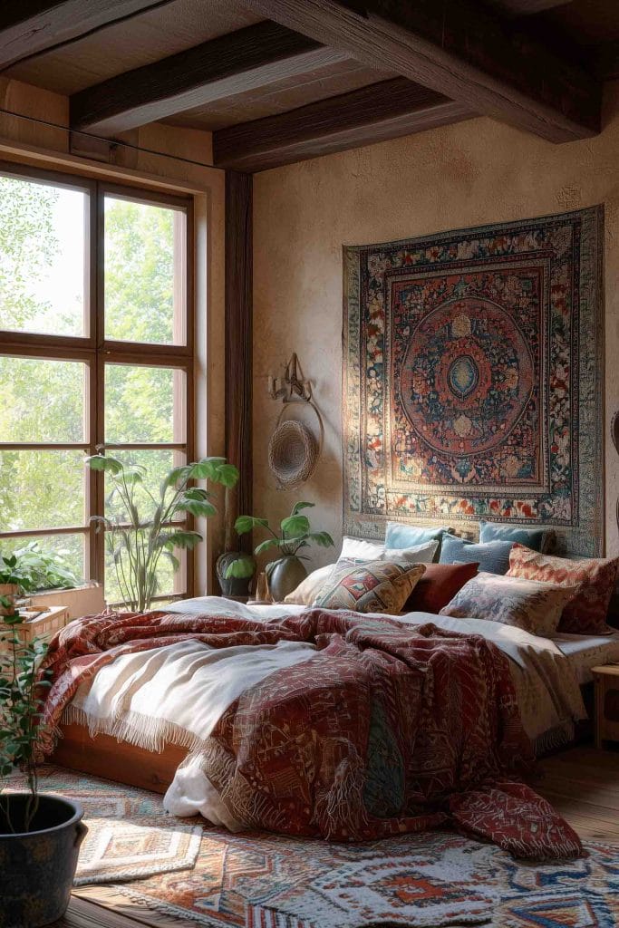 This inviting bedroom showcases a detailed Persian-style tapestry hanging above the bed, which is adorned with colorful pillows and patterned bedding. The room's wooden ceiling beams and large windows offer ample natural light, adding warmth to the eclectic mix of textiles and houseplants scattered around the space.