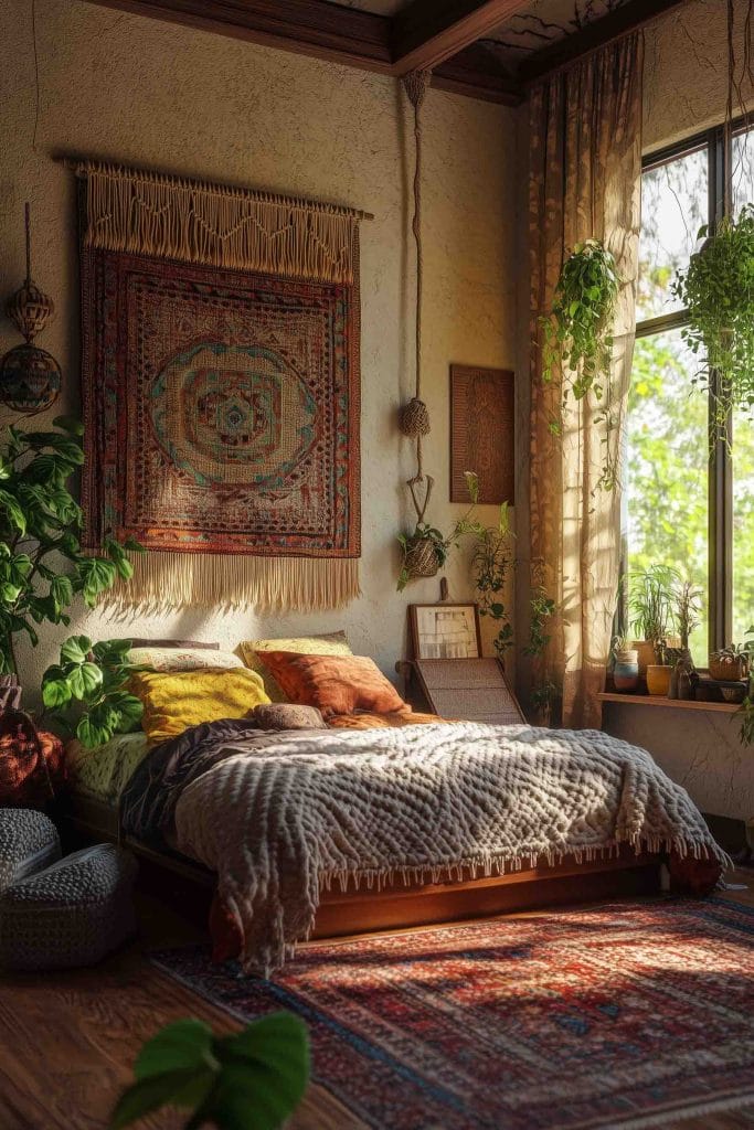 A tranquil bedroom illuminated by soft natural light, with plants scattered around. A macramé wall hanging with a detailed tapestry in earthy tones adds texture to the space. The bedding includes yellow, orange, and brown cushions, giving a warm and organic feel to the room.