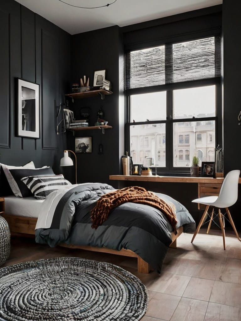 A minimalist teen boy’s space with dark walls, wooden furniture, and a black and white theme.