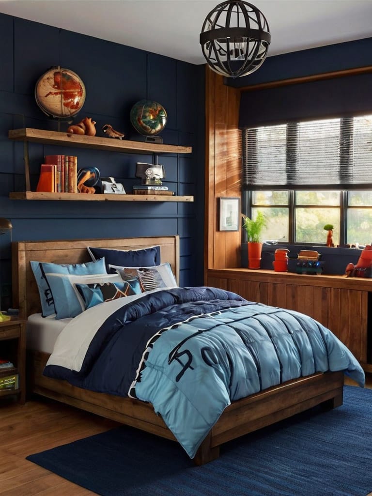 A teen boy’s space with a rustic wooden bedframe, industrial lighting, and navy and light blue bedding.