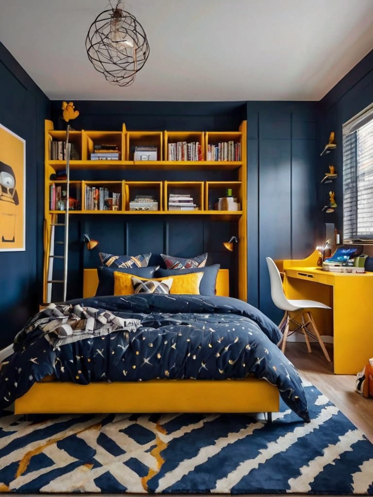 A vibrant teen boy’s space with navy and yellow decor, built-in shelves, and a desk.