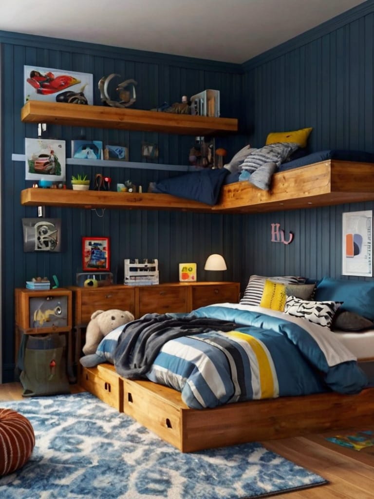 A cozy teen bedroom with dark blue paneled walls, a wooden bed with storage drawers, and floating shelves displaying books, toys, and model cars.