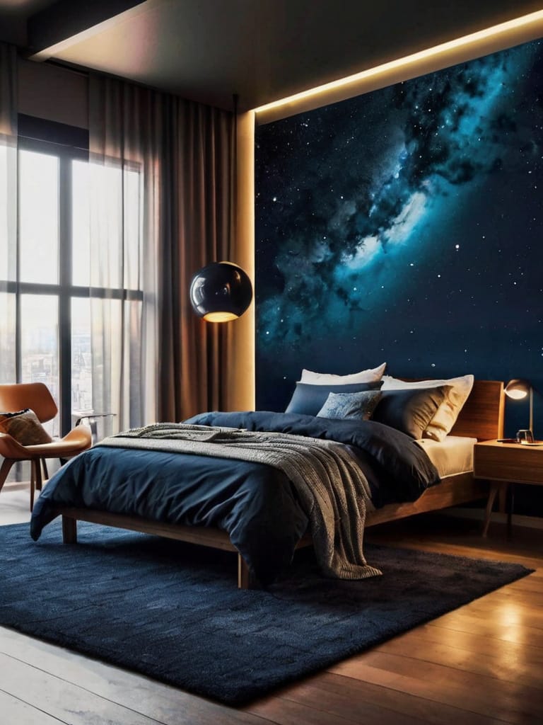 A teen bedroom with a galaxy mural, minimalist wooden furniture, and soft lighting creating a space-themed retreat.