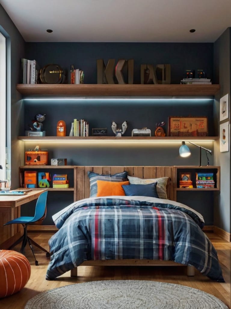 A teen bedroom with a cozy bed, an integrated study desk, dark tones, plaid bedding, and orange accents.