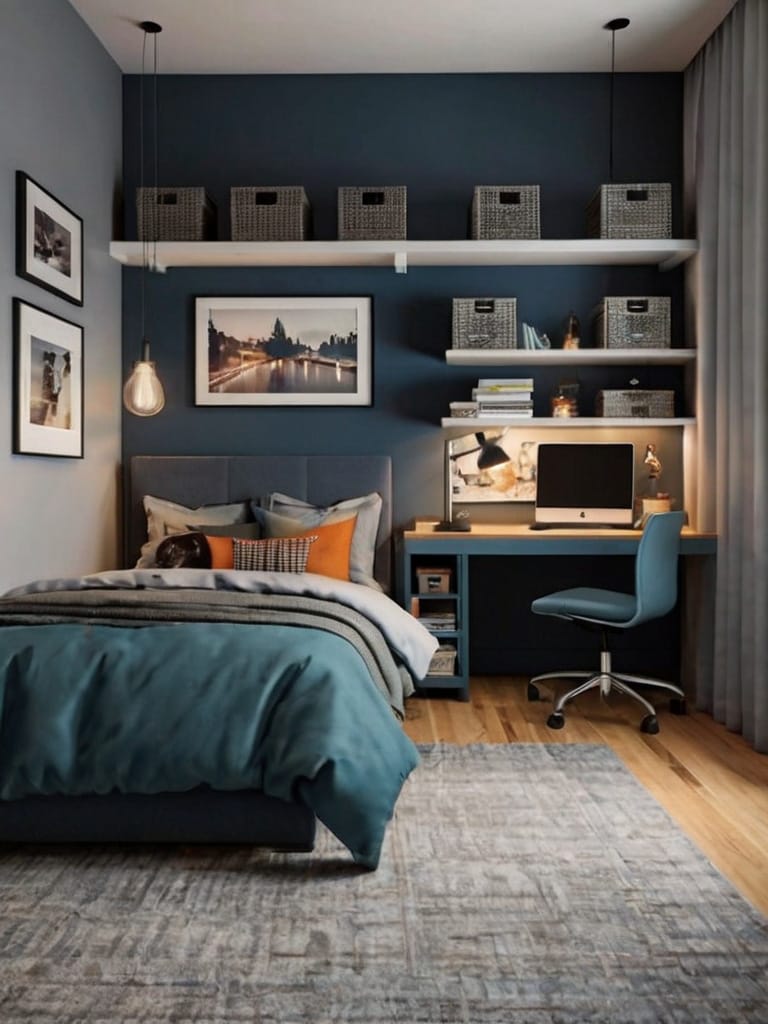 A teen bedroom with a wall of shelves, warm blue tones, and modern design elements for a sleek and organized space.