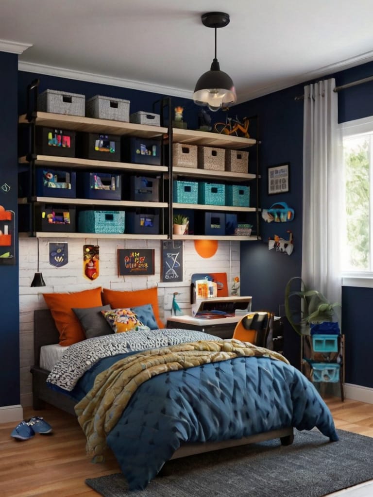 A teen bedroom with a creative shelving system, colorful storage baskets, and deep blue walls for a vibrant and organized space.