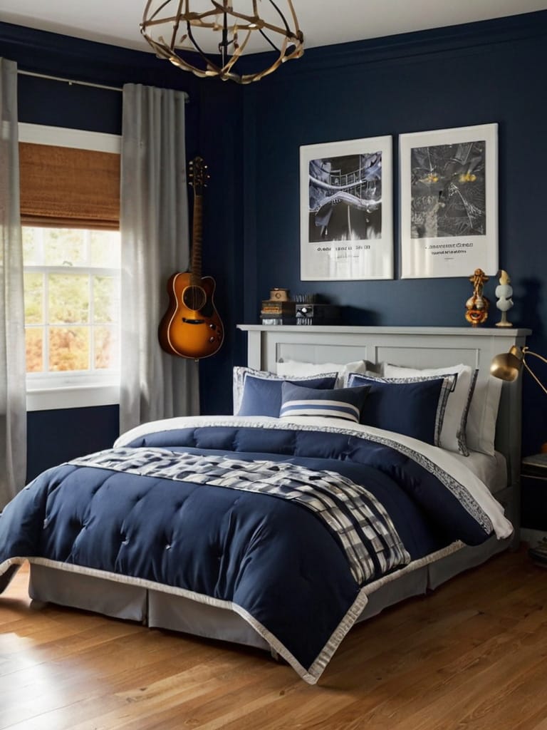 A teen bedroom with deep navy walls, a hanging guitar, plaid bedding, and an industrial-style chandelier.