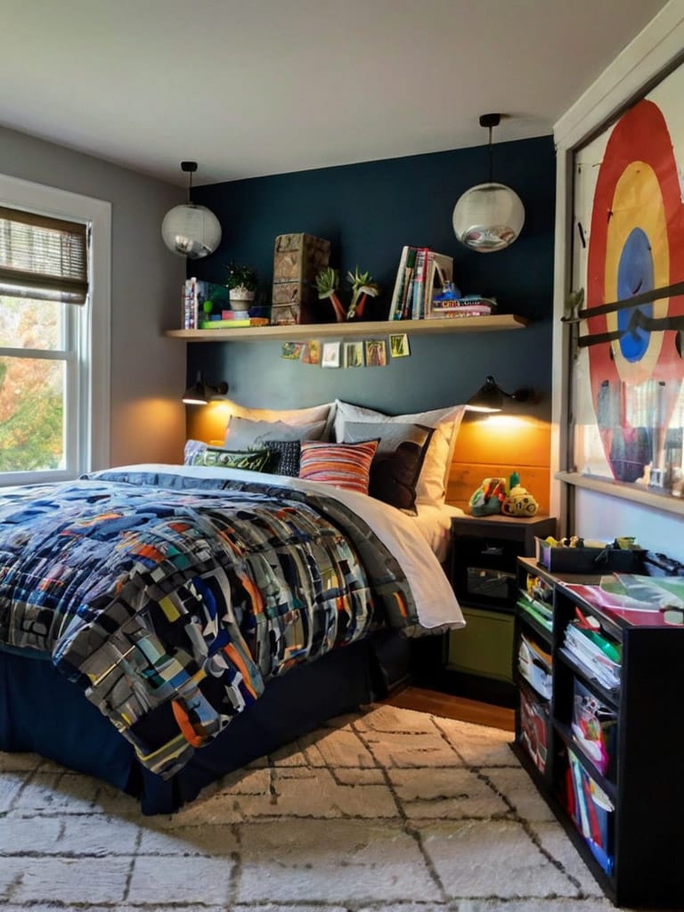 A teen bedroom with a bunk bed, integrated storage drawers, dark walls, and wooden accents.