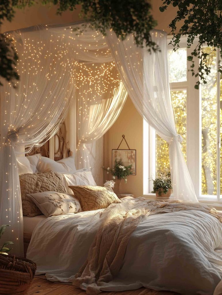 A dreamy bedroom scene with a bohemian canopy bed draped in sheer white curtains that cascade down from the ceiling. Twinkling fairy lights are intertwined with the canopy, casting a warm, soft glow. The bed is dressed in cream and beige tones, creating a peaceful and cozy vibe, with a large window allowing natural light to brighten the room.