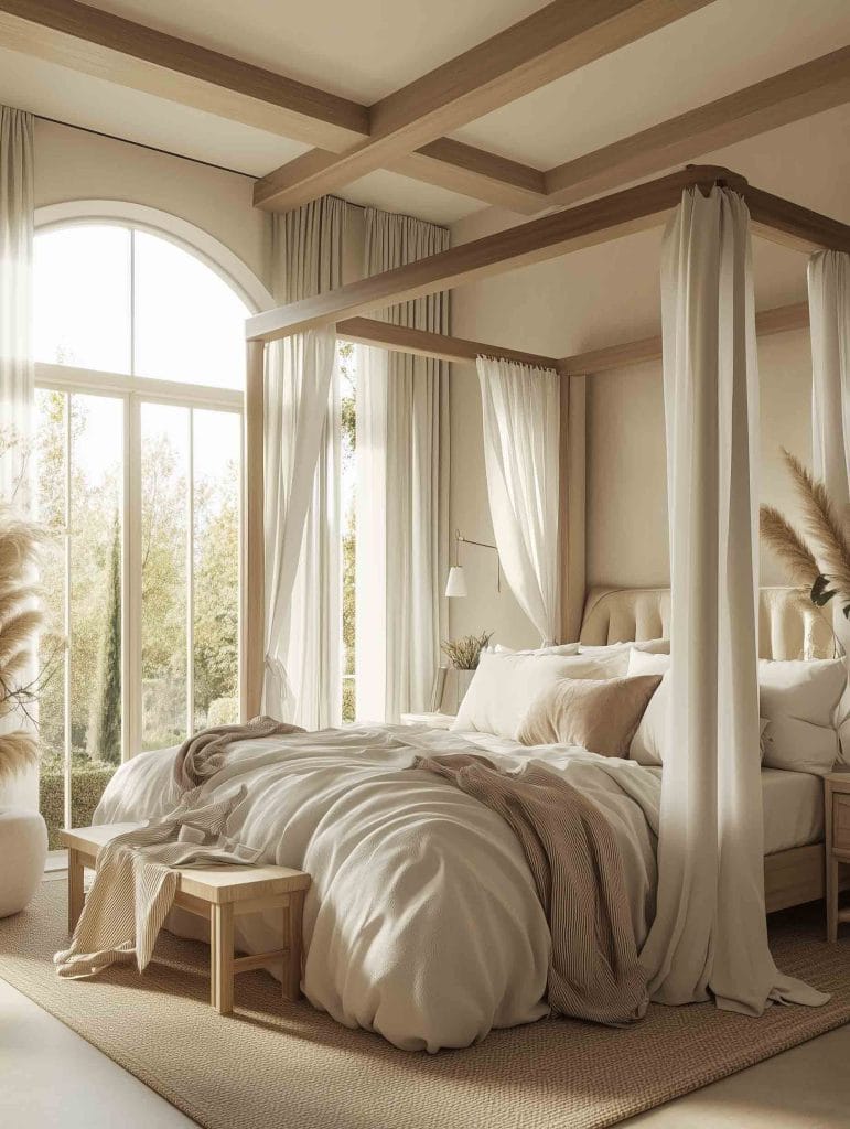 A beautifully designed bedroom with a modern canopy bed draped in light, sheer curtains. The bedding consists of soft white and beige tones, and the room features large arched windows, letting in ample sunlight. Natural decor elements like pampas grass and a woven ottoman complement the neutral, minimalistic palette of the space.