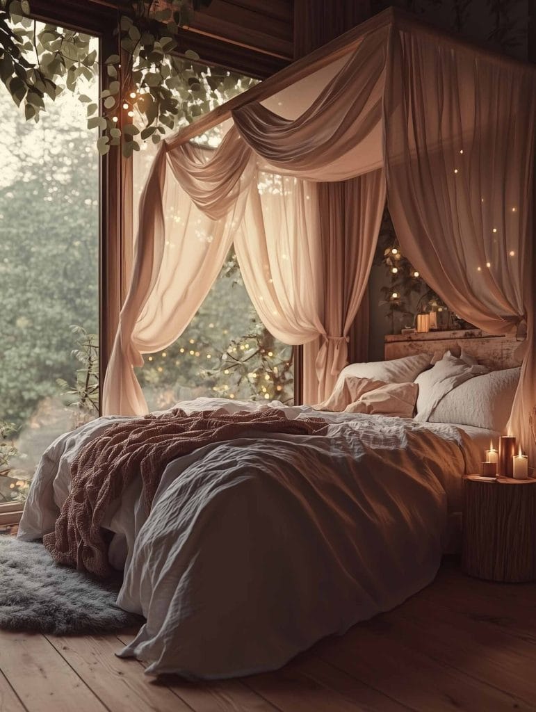 A romantic boho bedroom with a dreamy canopy bed surrounded by sheer, flowing curtains. The bed is adorned with soft pillows and blankets in warm, neutral tones. The room exudes a peaceful ambiance, with string lights adding a magical touch.