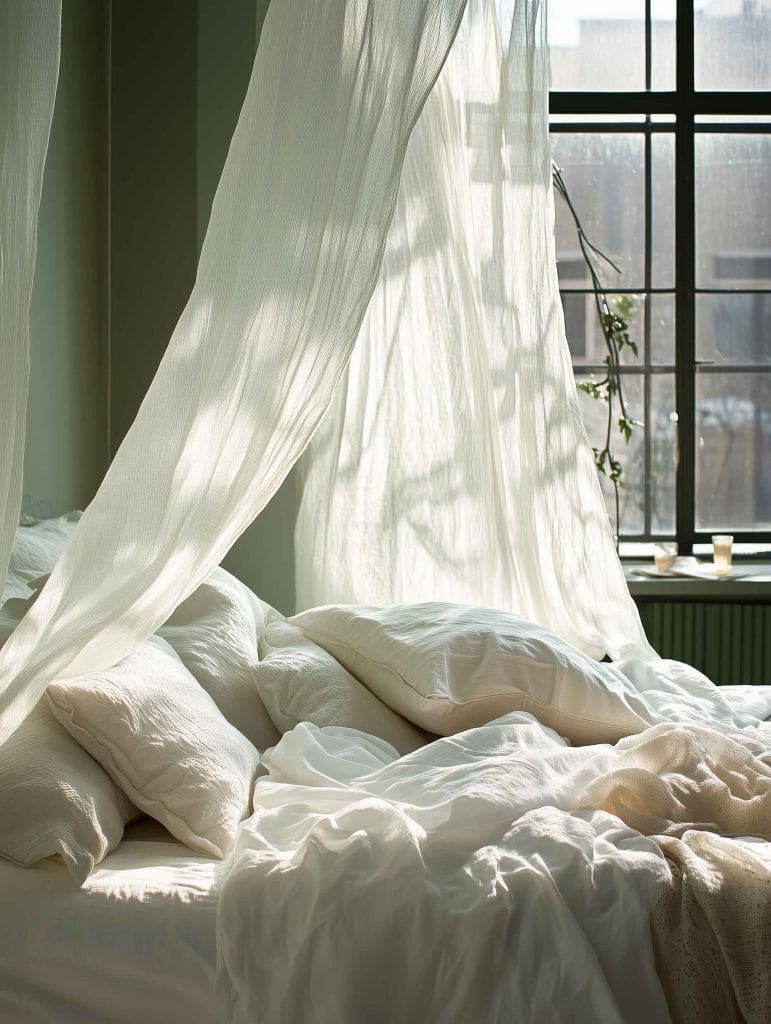 A sunlit bedroom with a large window filtering warm light through soft, white curtains draped around the bed. The bed is adorned with crisp white bedding, layered with fluffy pillows and blankets, creating an inviting, cozy retreat. The shadow of the window frames adds a soft, calming texture to the overall room aesthetic.