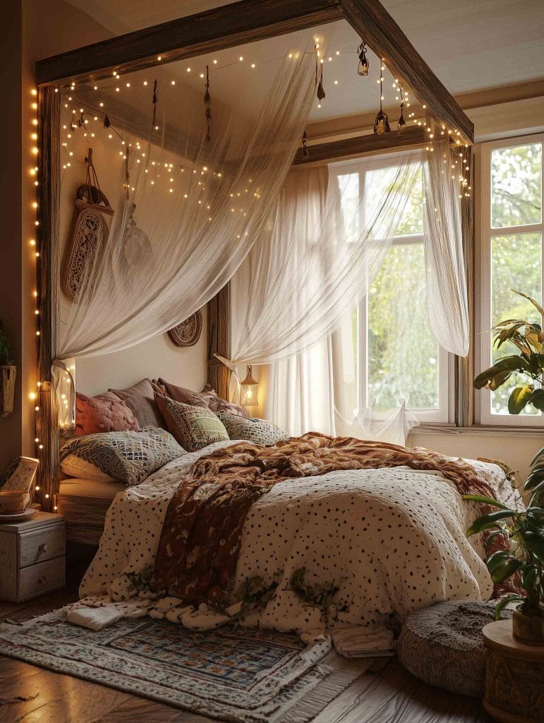 A warm and inviting bedroom with a boho canopy bed draped in soft, light fabric. The room is decorated with earthy tones, indoor plants, and soft ambient lighting, creating a peaceful and relaxing sanctuary.