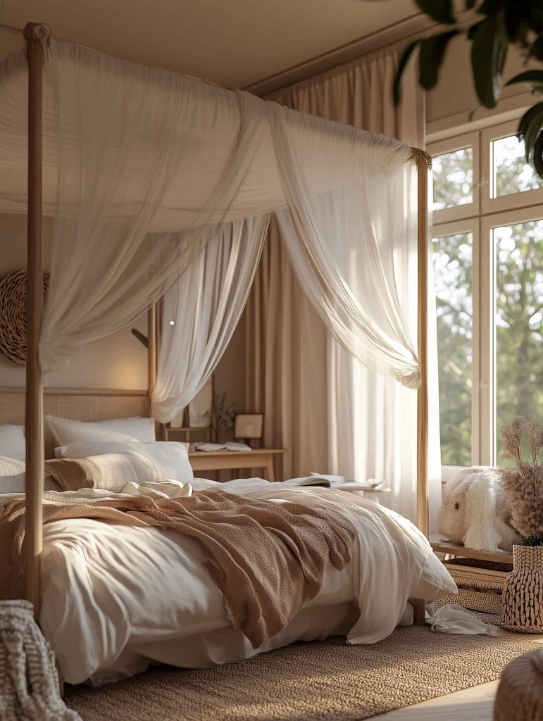 A serene, neutral-toned bedroom featuring a four-poster canopy bed with sheer drapes flowing around it. The bedding is layered in soft creams and beige tones, exuding an airy and tranquil atmosphere. Large windows allow natural light to flood the space, enhancing the sense of calm.