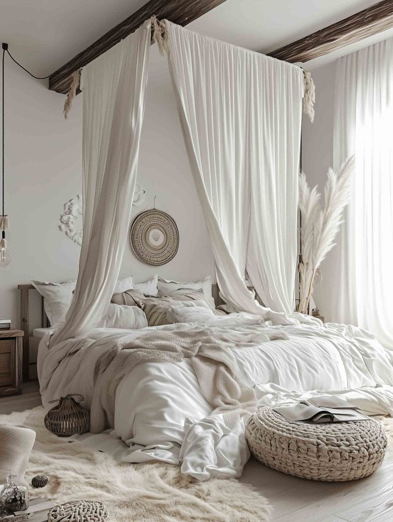 A serene bohemian-style bedroom with an elegant canopy bed framed by flowing white drapes. The bedding consists of soft white and neutral linens, and a cozy woven ottoman sits at the foot of the bed. Pampas grass and woven baskets are used as decorative elements, contributing to the natural and earthy feel of the room.