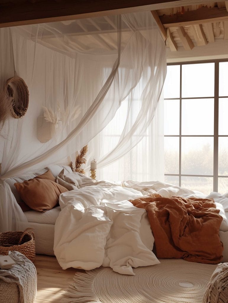 A dreamy bedroom with a canopy bed draped in white, flowing fabric. The bed is adorned with cozy linens in warm earth tones, with sunlight softly filtering through the large windows, creating a tranquil and airy atmosphere.