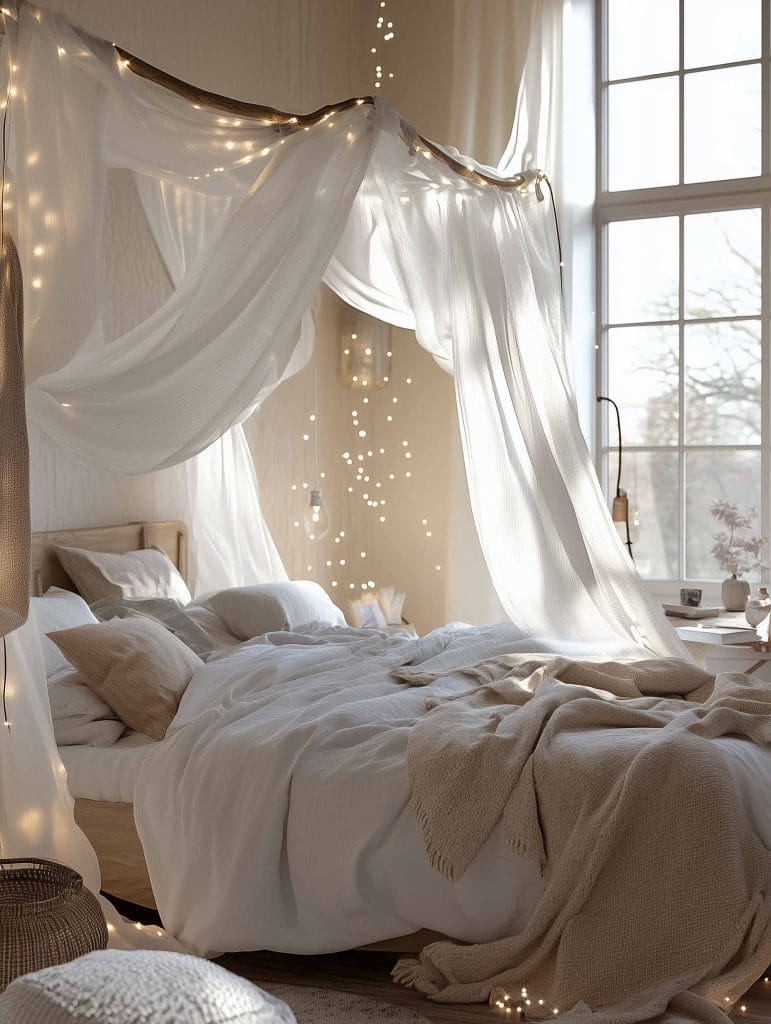 A light and airy bedroom featuring a canopy bed draped with sheer white curtains adorned with string lights, giving off a magical and ethereal glow. The bed is layered with cozy, neutral-toned bedding. Soft morning light enters through large windows, filling the room with a warm and inviting atmosphere.