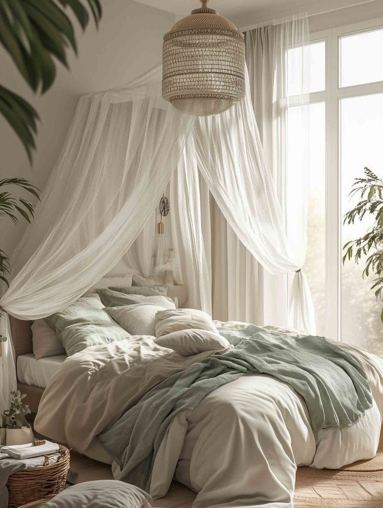 A minimalist boho-style bedroom with a white canopy bed. The canopy is made from sheer fabric that flows softly around the bed, creating a calming and airy atmosphere. Light floods in through the large windows, enhancing the natural, relaxed vibe of the space.