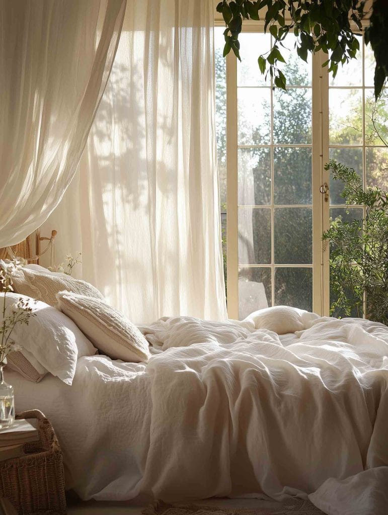 A light-filled bedroom featuring a soft, white bedding set with flowing sheer curtains that drape elegantly from a canopy above the bed. The room is filled with natural light from large windows, with shadows of trees casting a dappled pattern on the curtains. Potted plants add a touch of greenery, completing the tranquil and airy atmosphere