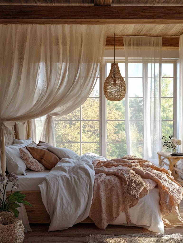 A light-filled bedroom featuring a wooden canopy bed draped with sheer curtains. The soft, neutral bedding and rustic woven lamp create a tranquil and earthy ambiance, with the morning sunlight gently filtering through the windows.