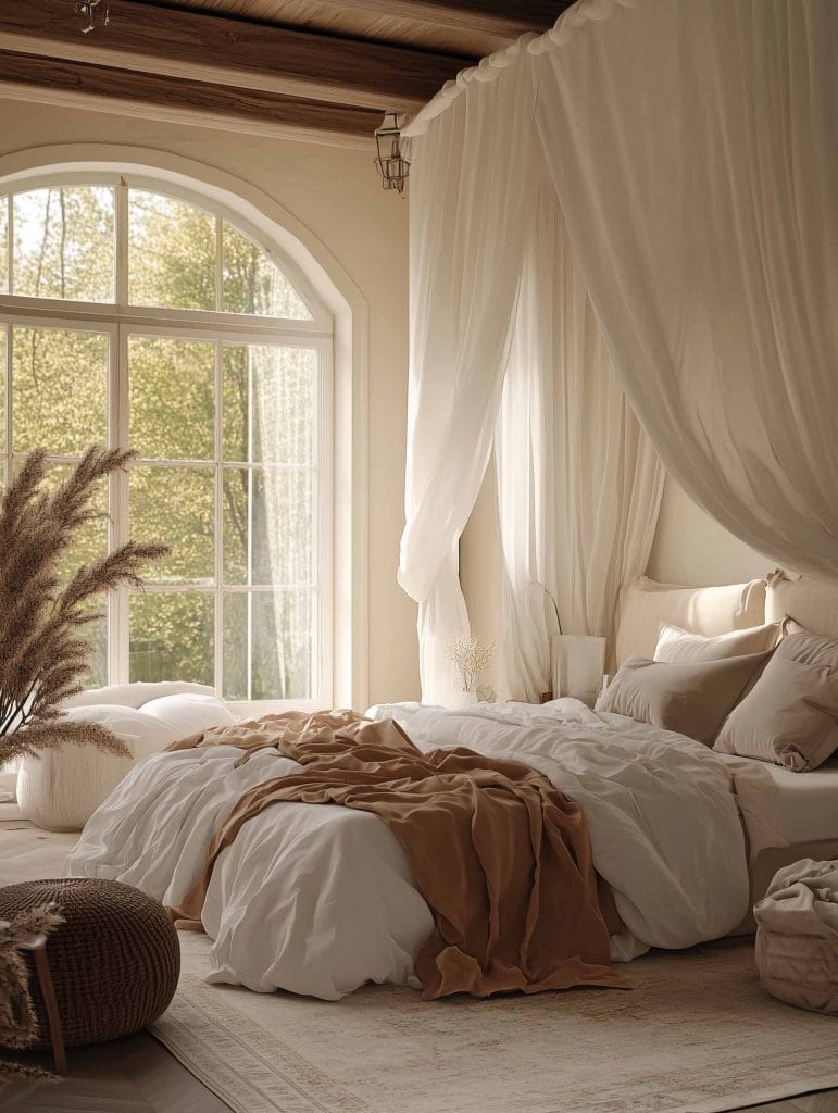 A serene, natural-toned bedroom with a large arched window allowing sunlight to stream into the room. The bed is covered with plush white linens and accented with a soft tan throw blanket. Pampas grass decor adds an earthy, boho vibe to the space, while cozy neutral tones of beige and cream create a warm, inviting environment.