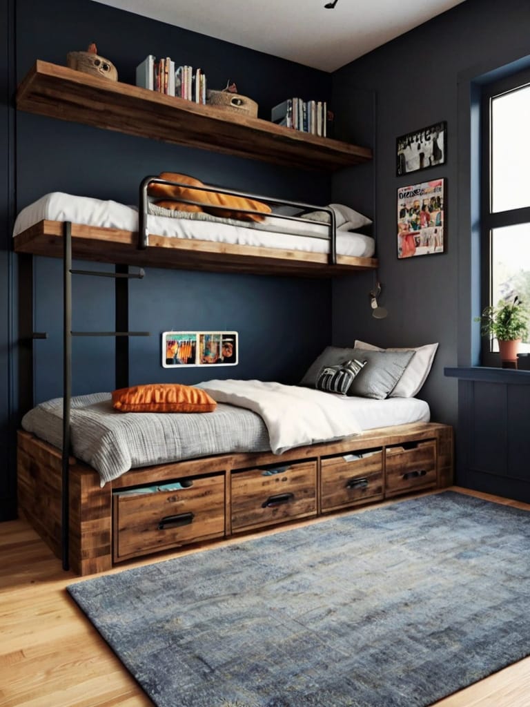 A teen bedroom with a built-in bunk bed, a shelf filled with books, and warm wood tones.