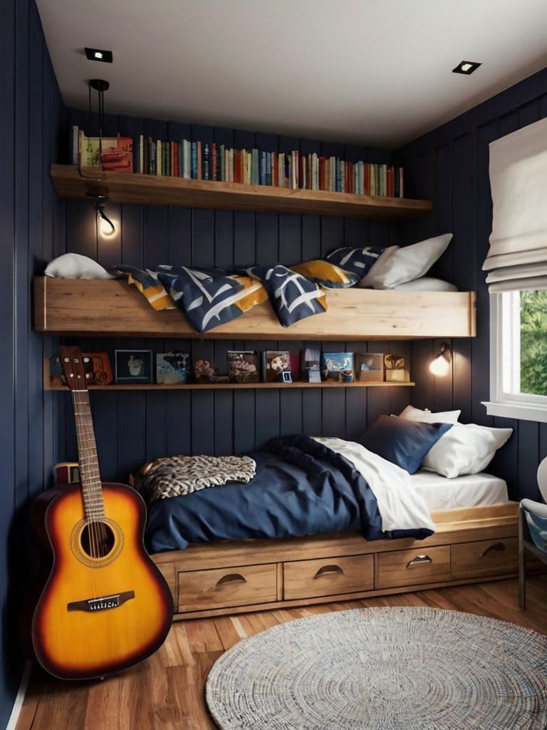 A teen bedroom with deep blue walls, striped bedding, wooden shelves, and a large window.