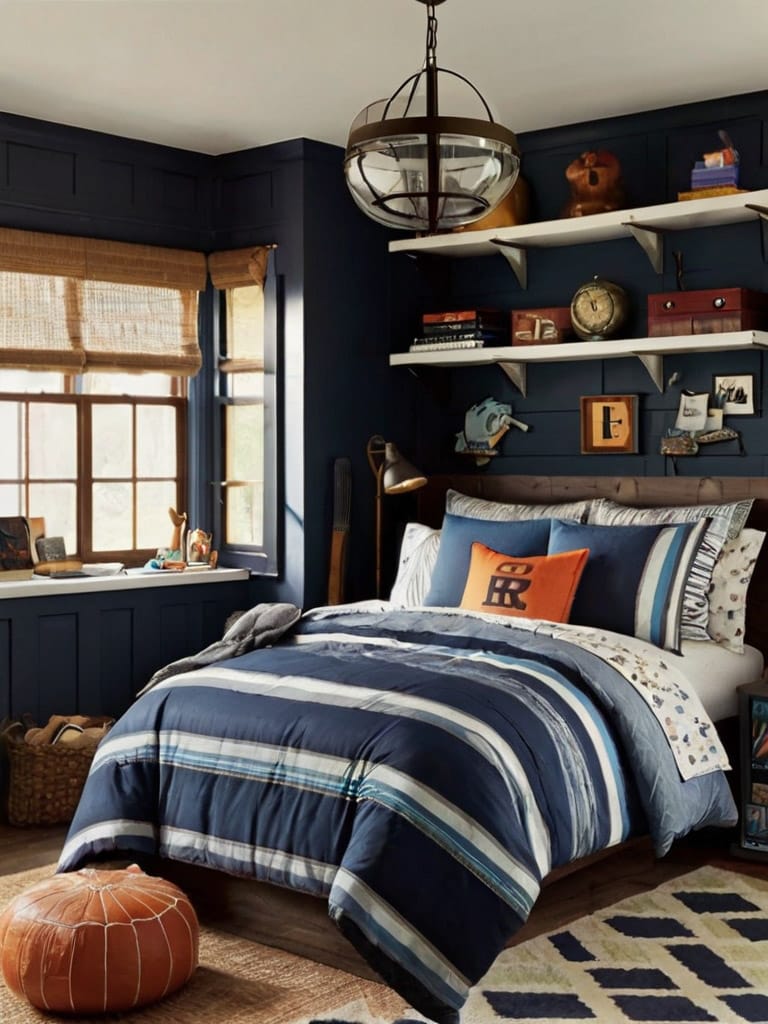 A teen bedroom with navy walls, a modern chandelier, striped bedding, and warm wooden accents.