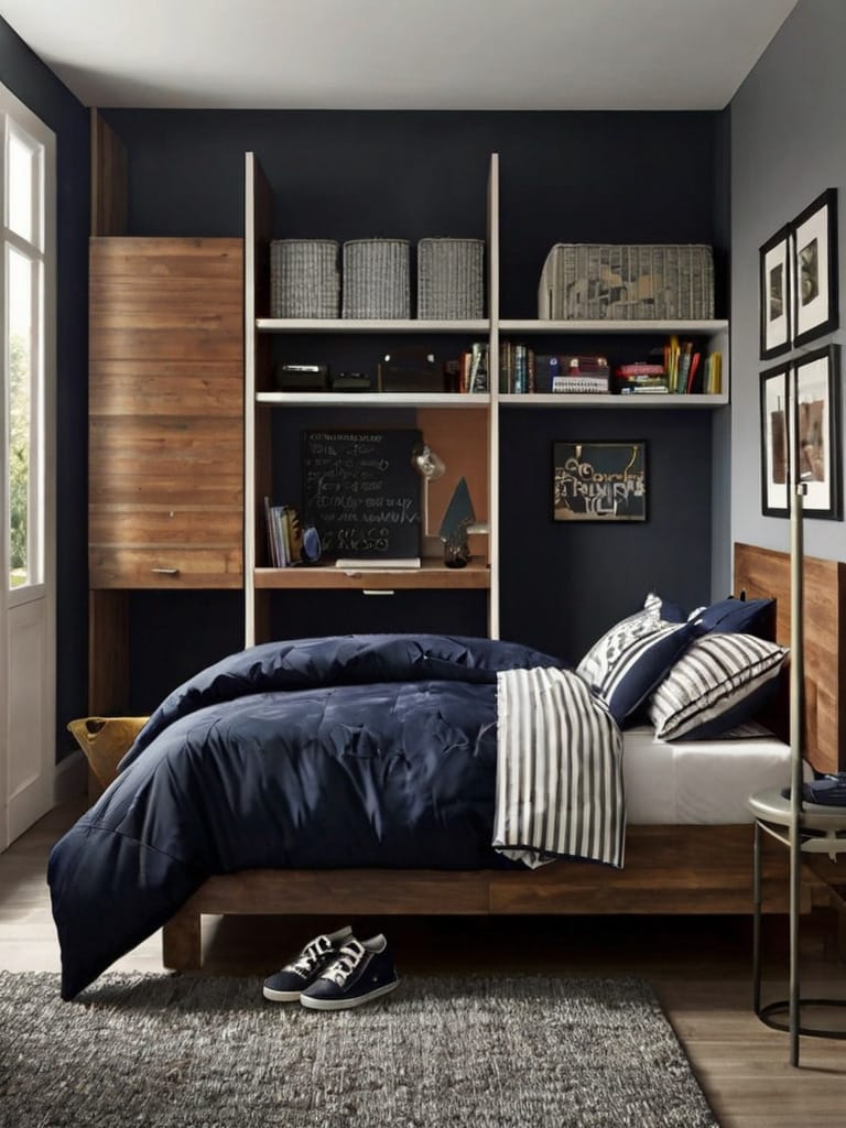 A teen bedroom with a built-in study nook, shelves with storage baskets, and dark walls with wooden accents.