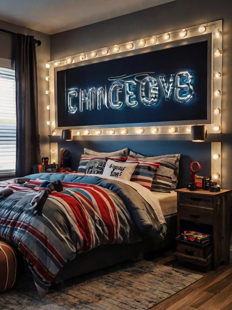 A teen bedroom with a neon sign as wall art, striped bedding, and marquee lights creating a bold, vibrant atmosphere.