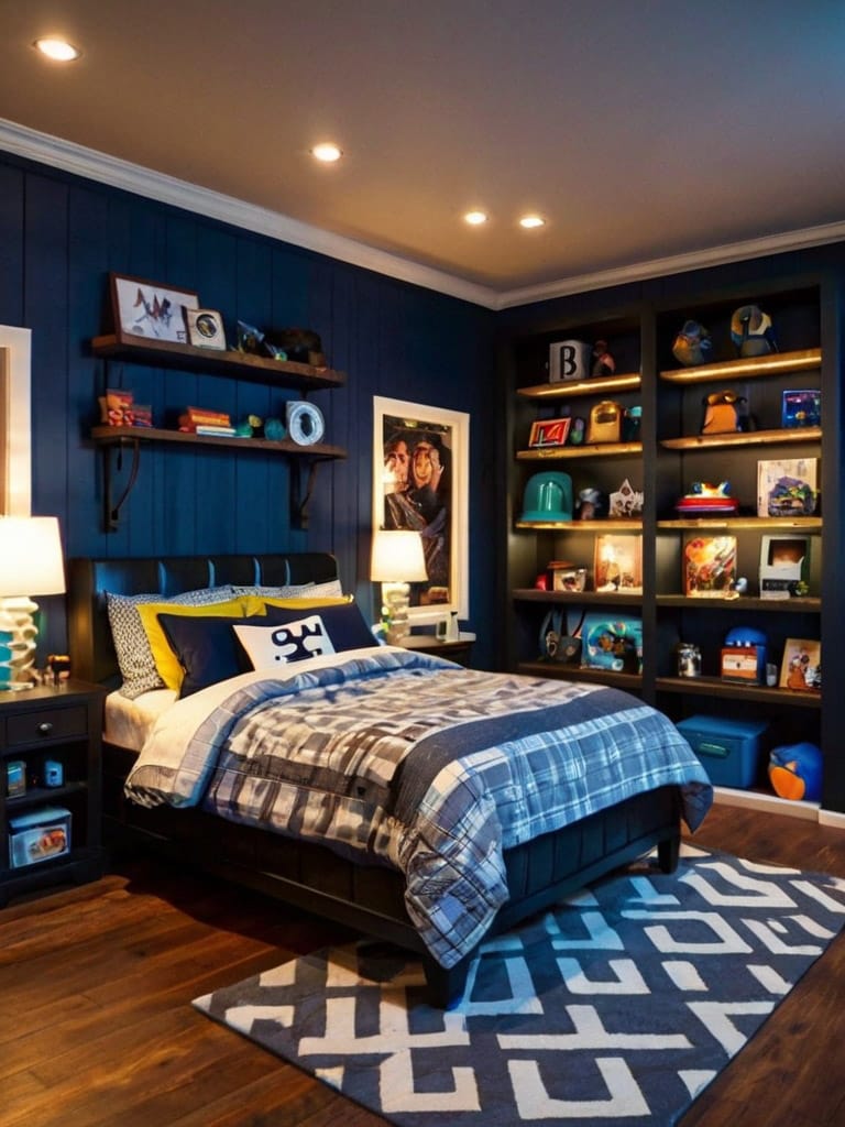 A teen bedroom with dark blue walls, cozy bedding, shelves filled with gaming gear and collectibles, and soft lighting.