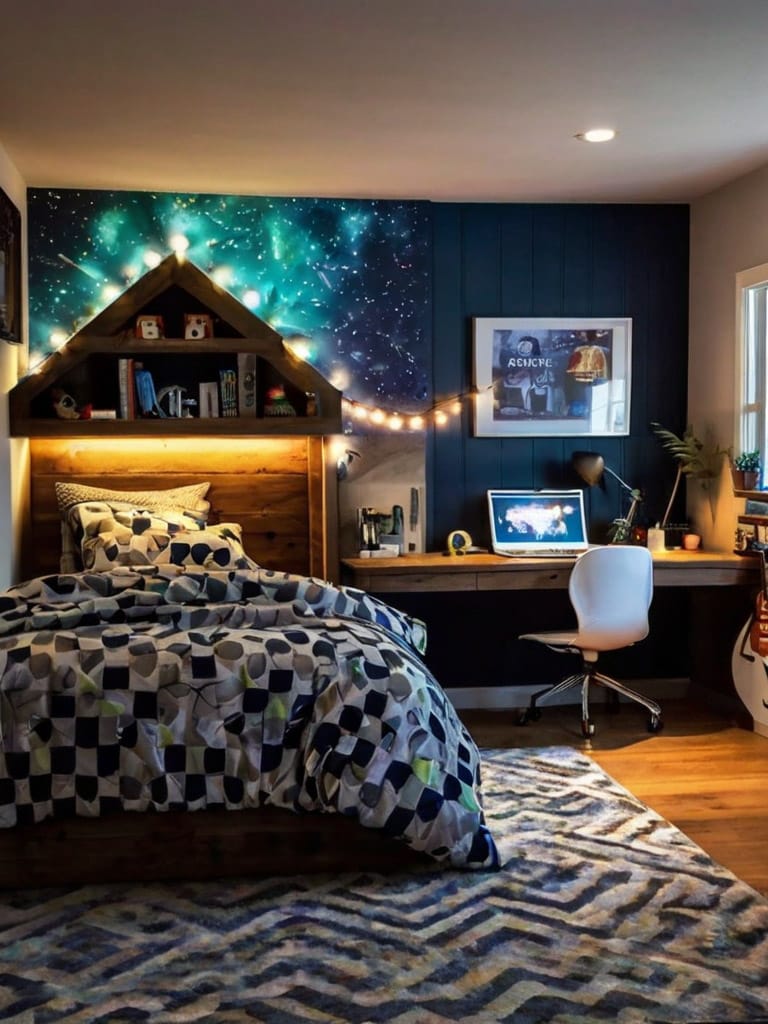 A teen bedroom with a galaxy mural, string lights, a built-in desk, and a cozy bed with a patterned rug.