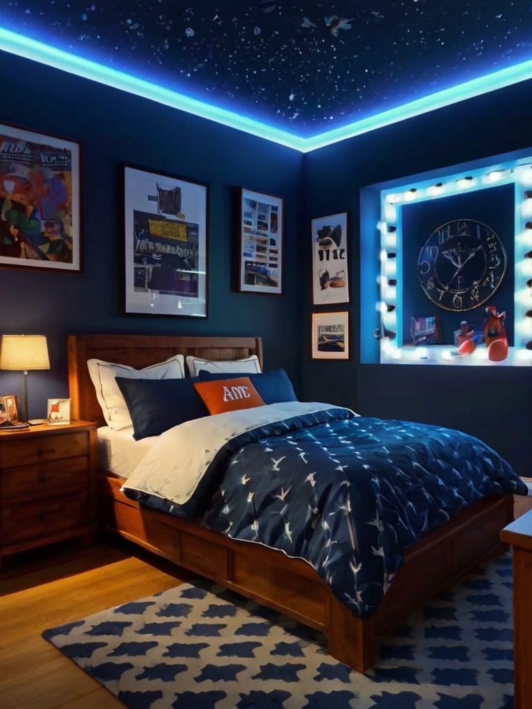 A teen bedroom with a starry night ceiling, LED lights, deep blue bedding, and space-themed decor for a modern cosmic vibe.