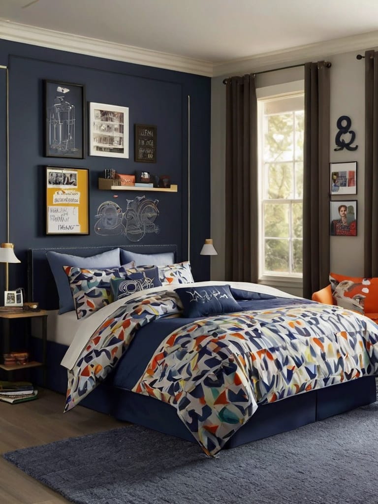 A teen boy’s room with navy blue walls, colorful bedding, and framed art creating a modern artistic vibe.