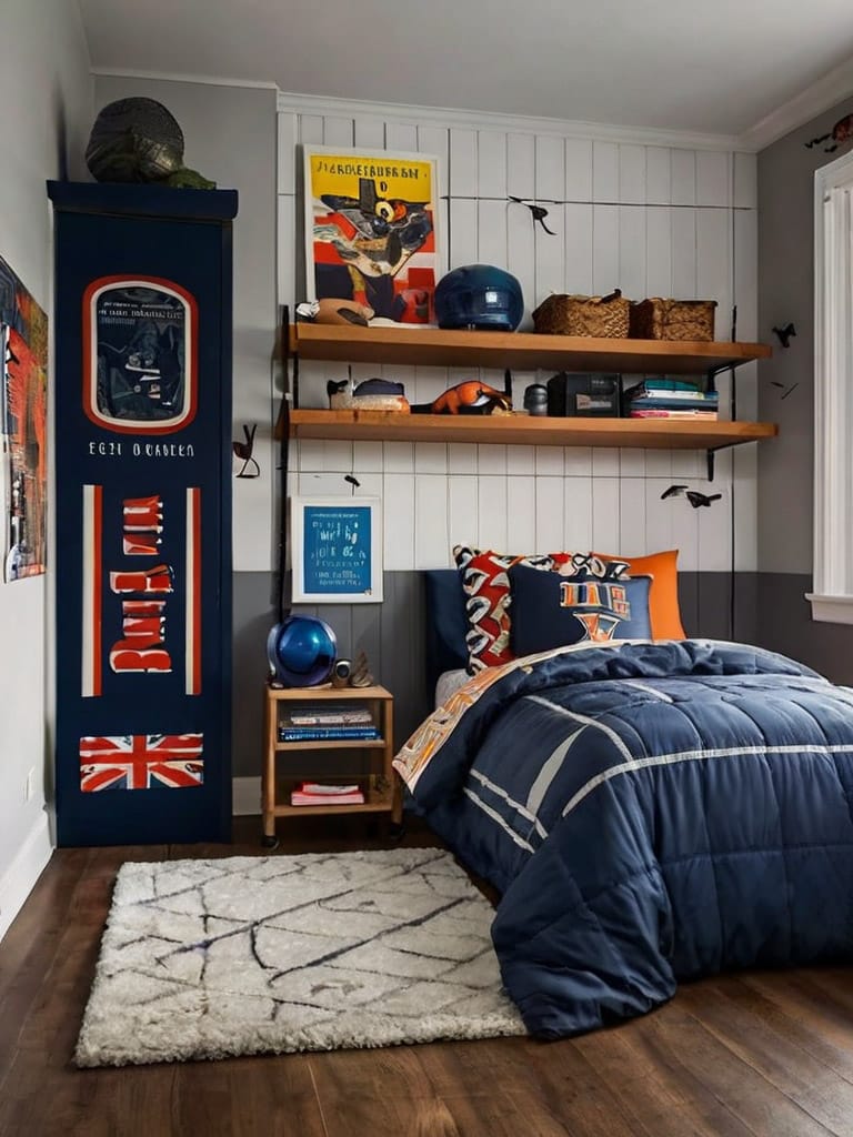 A teen boy’s room with sports-themed decor, dark blue bedding, and warm wood accents creating an adventurous atmosphere.