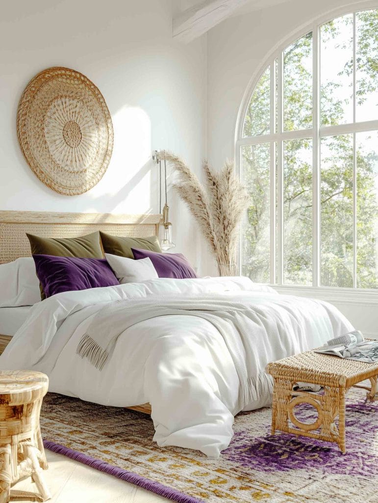 A bright and minimalist bedroom bathed in natural light from large arched windows. The bed is dressed in crisp white linens, with a pop of deep purple from accent pillows. A woven basket and pampas grass decorate the space, contributing to the airy, serene feel of the room. The room’s light color palette, wicker accents, and lush greenery outside create a refreshing and peaceful ambiance.