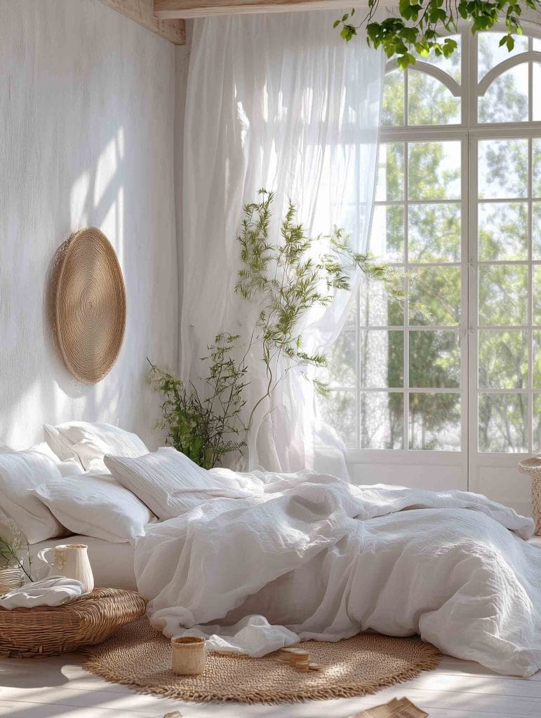 A calm and natural bedroom with a white bed dressed in soft linens and natural-toned bedding. The room is filled with soft light from the large windows, highlighting the woven textures of the rug and wicker accents. Plants add a touch of greenery to the minimalist space.