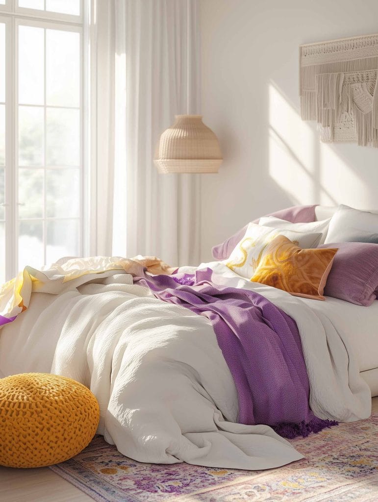 A fresh and inviting bedroom featuring white bedding with yellow, orange, and purple throw pillows. A woven pendant light hangs above the bed, while a soft, colorful rug and a mustard yellow knitted pouf add texture. Natural light filters through large windows, giving the room a bright, airy feel.