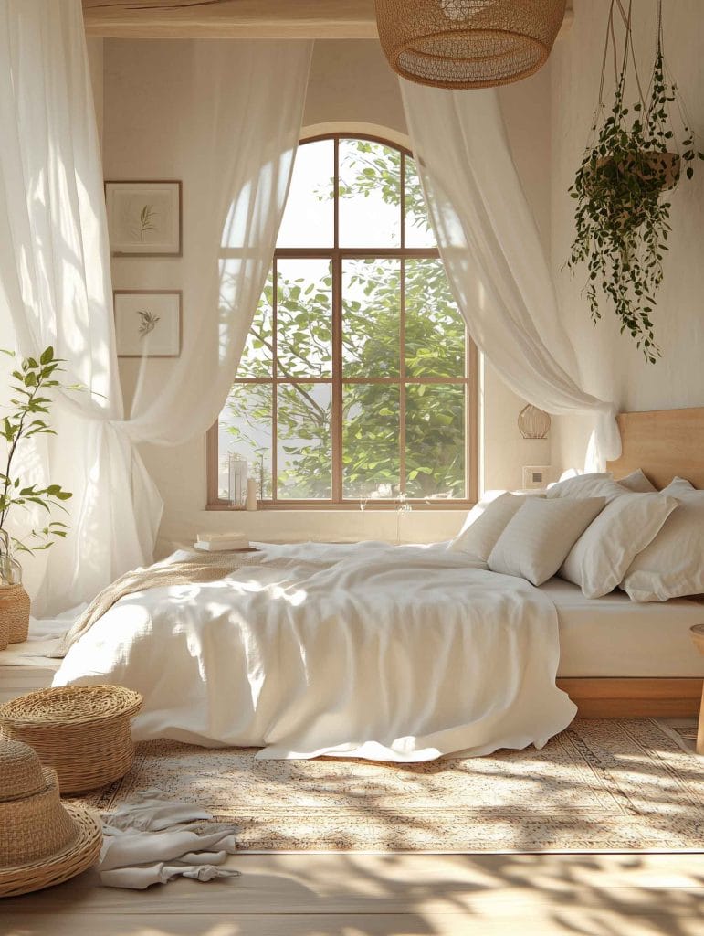 A serene bedroom bathed in natural light. The bed is draped in soft white linens, complemented by light wicker baskets and lush green plants. Sunlight filters through large arched windows framed by flowing sheer curtains, creating a peaceful and airy ambiance.