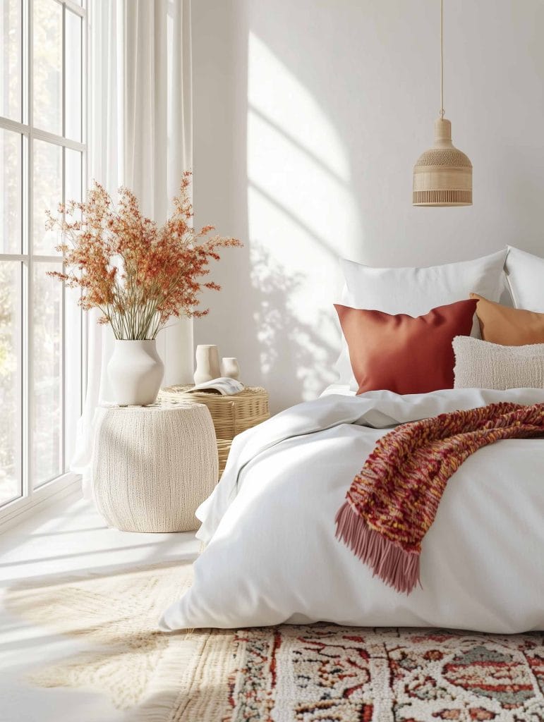 A minimalist and bright bedroom featuring a cozy white bed with rust and beige accent pillows. A textured throw blanket in red and orange tones is placed across the bed. A wicker side table holding a vase with dried flowers adds a natural touch, while light streams in from the large window.