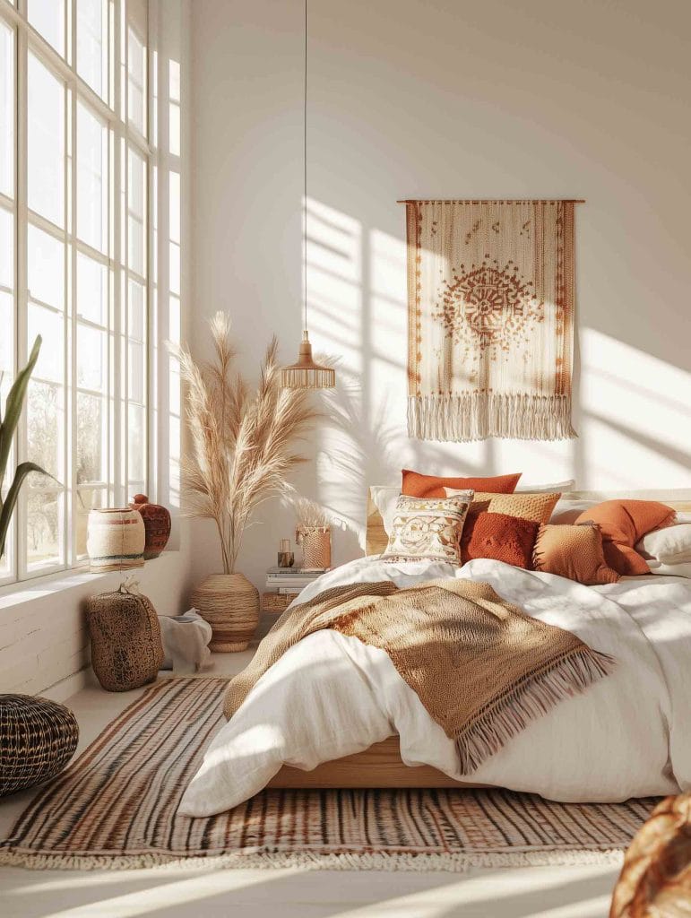 A warm, sunlit bedroom featuring a bed dressed in white linens and accented with rust and earthy-toned pillows. The space is adorned with pampas grass, woven decor, and a beige patterned rug. The large windows allow natural light to fill the room, enhancing the airy and minimalistic boho design.