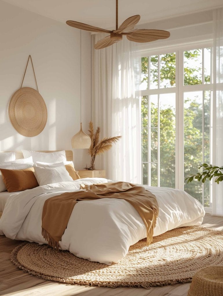 A serene bedroom with natural elements, featuring a cozy white bed with earthy beige and brown accents. The round jute rug, wicker basket, and a rattan ceiling fan complement the calming, light-filled space. The large window invites soft natural light into the room.