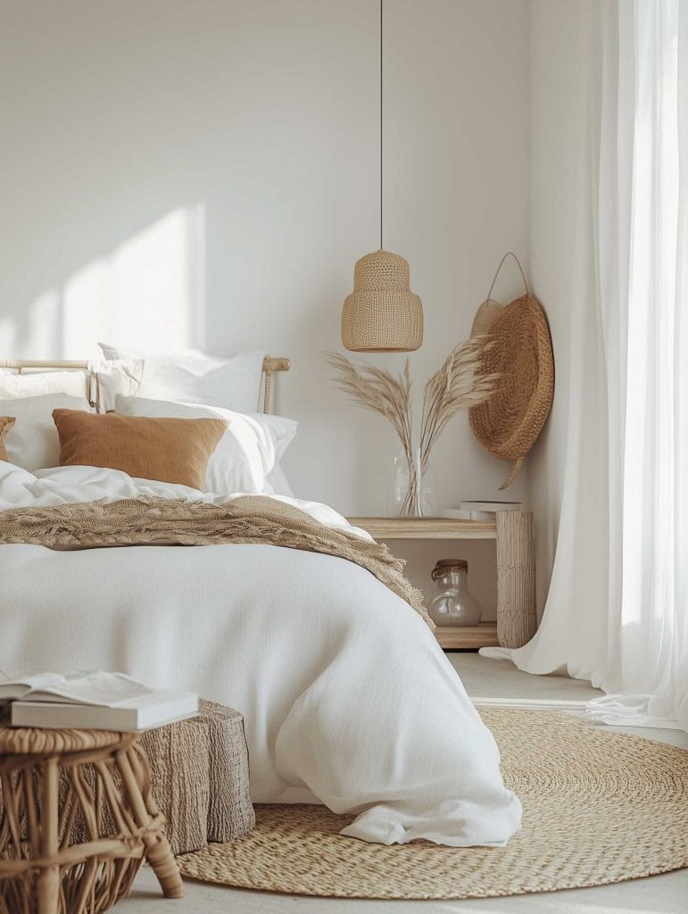 A minimalist bedroom bathed in natural light, with soft white linens on the bed and warm beige and tan accent pillows. The room features a hanging wicker light fixture, woven baskets, and a beige jute rug, emphasizing the neutral, earthy aesthetic. Light curtains and pampas grass complete the serene, calming look.